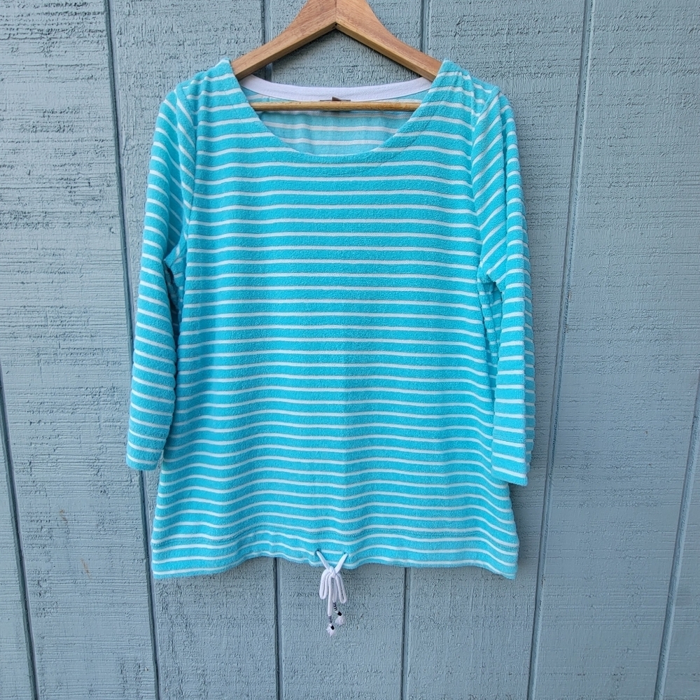 T by Talbots Terry Cloth Striped Drawstring Top sz L Turquoise White